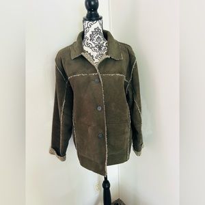 Woolrich Women’s Olive Green Collared Faux Suede Shearling Jacket Size L